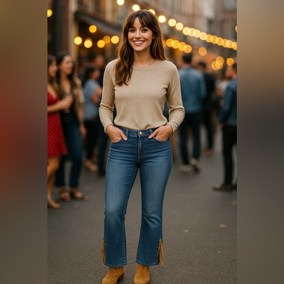 RARE! Lauren Ralph Lauren Blue Boot Cut Suede Fringe Conch Button Jeans Size 8